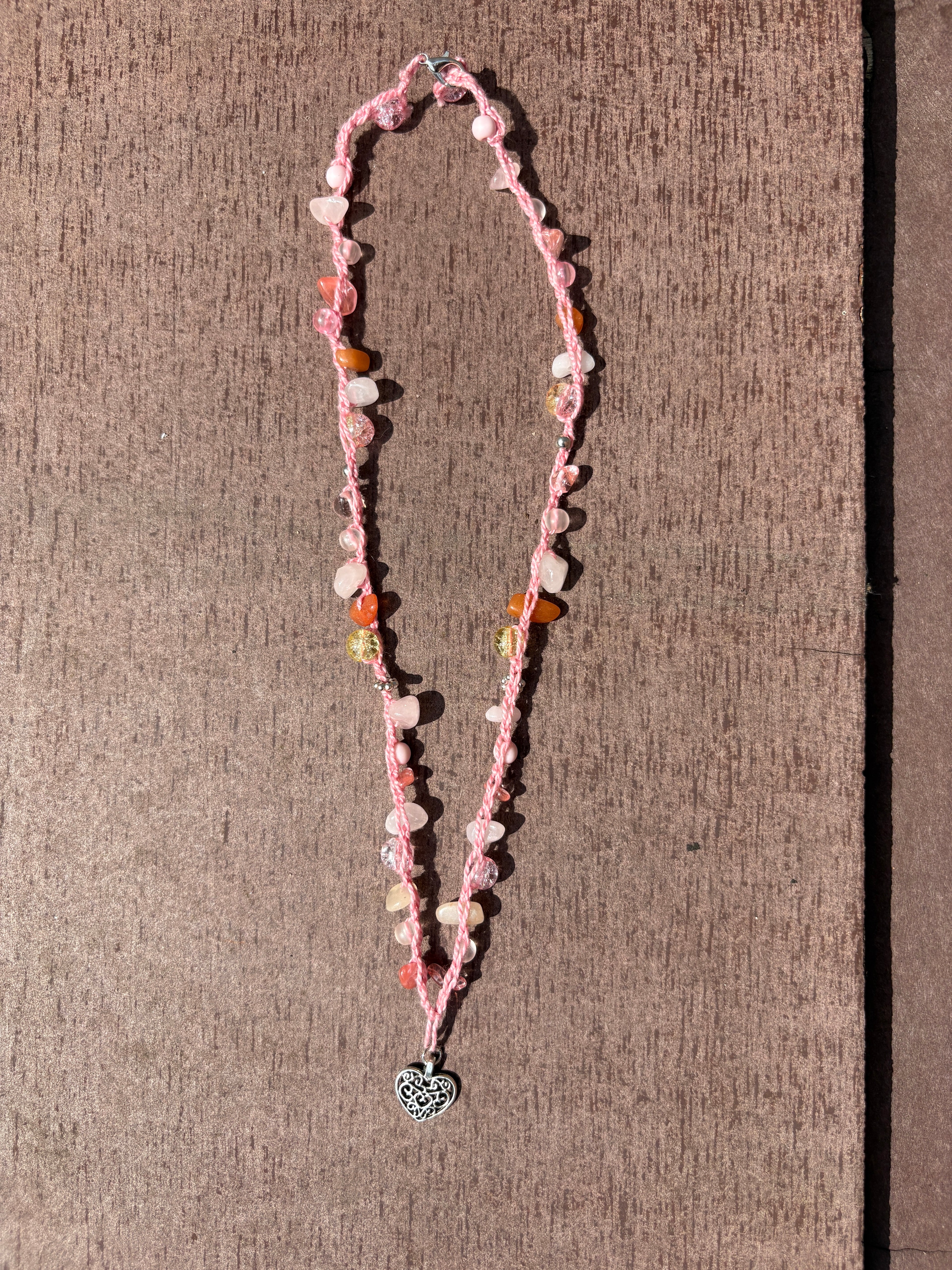 Pink Beaded Heart Crochet Necklace